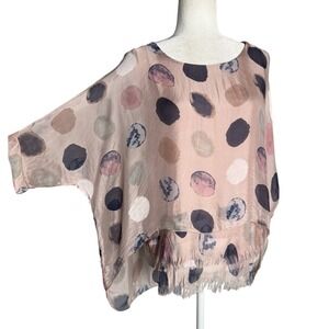 NWT Italy Moda Silk Overlay Top OS Pink Watercolor Dot Dolman Sleeve Layered